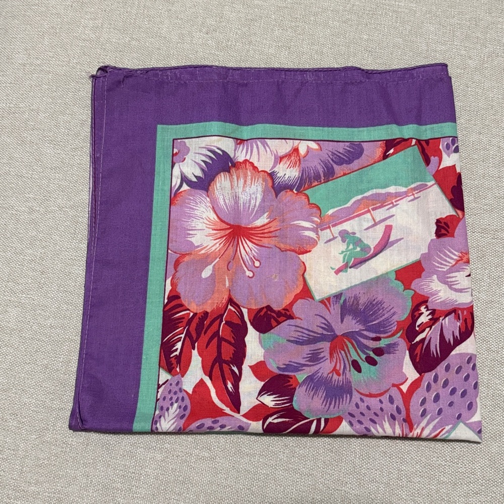 Vintage Cotton Blend Tropical Print Scarf-21x22-Purple/Pink/Turquoise - Picture 5 of 11